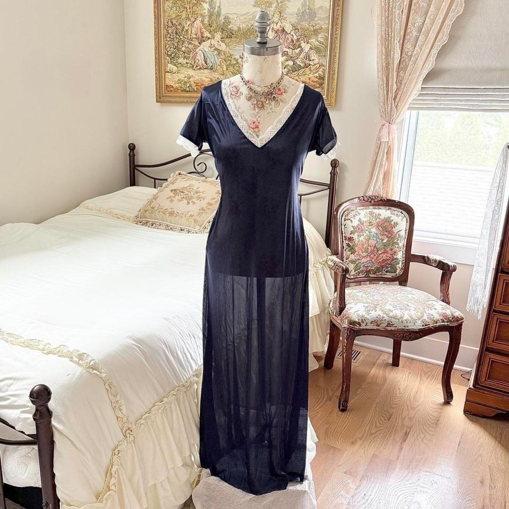 navy‎ blue lace maxi slip dress nightgown